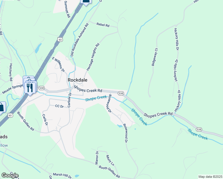 map of restaurants, bars, coffee shops, grocery stores, and more near 2119 Shopes Creek Road in Ashland