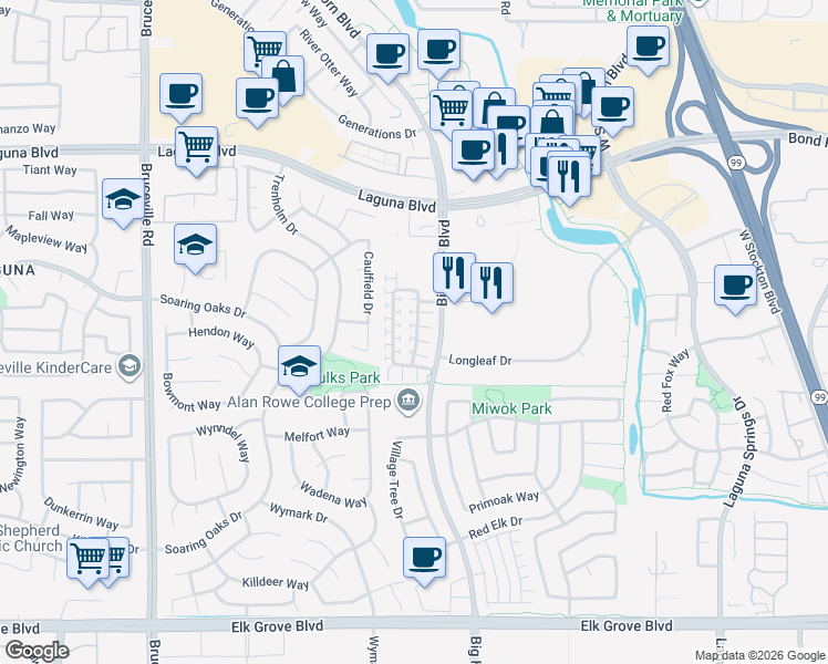 map of restaurants, bars, coffee shops, grocery stores, and more near 8440 Crystal Walk Circle in Elk Grove