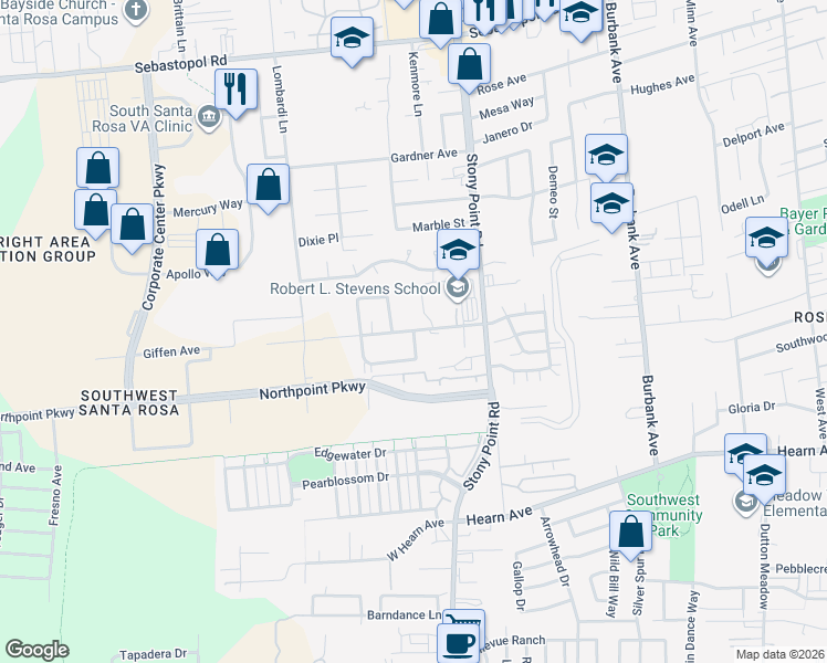 map of restaurants, bars, coffee shops, grocery stores, and more near 2495 Giffen Avenue in Santa Rosa