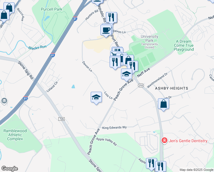 map of restaurants, bars, coffee shops, grocery stores, and more near 1056 Lois Lane in Harrisonburg