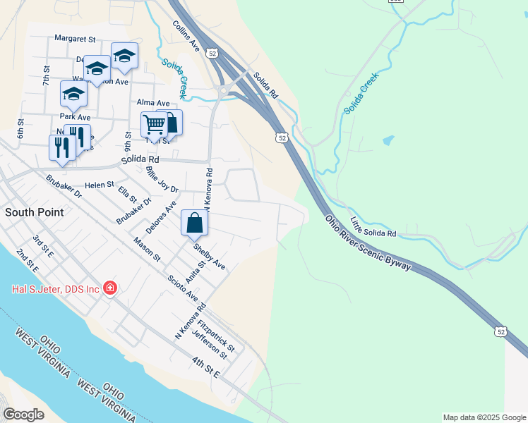 map of restaurants, bars, coffee shops, grocery stores, and more near 122 Orchard Drive in South Point