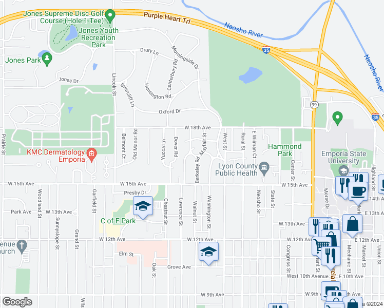 map of restaurants, bars, coffee shops, grocery stores, and more near 1599 Sherwood Way in Emporia
