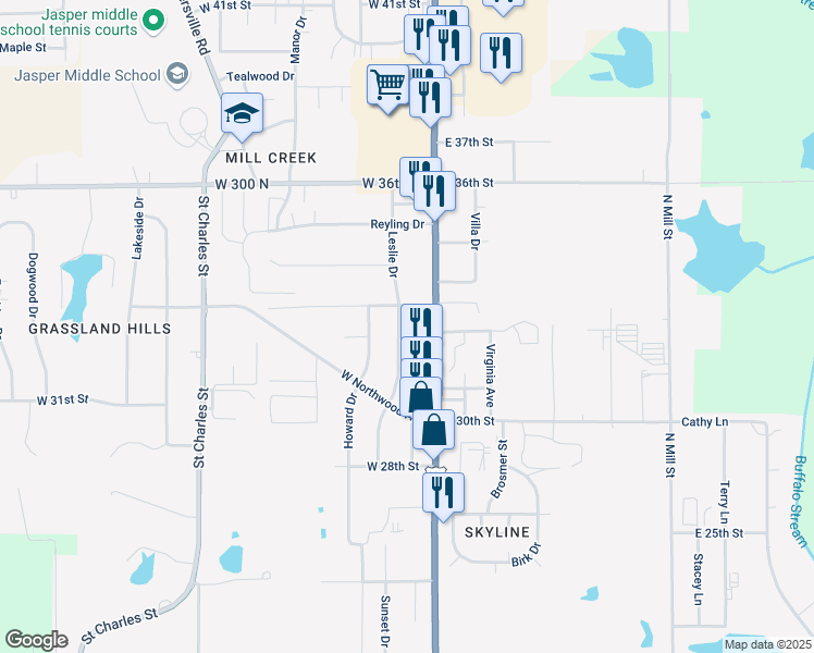 map of restaurants, bars, coffee shops, grocery stores, and more near 3221 Newton St in Jasper