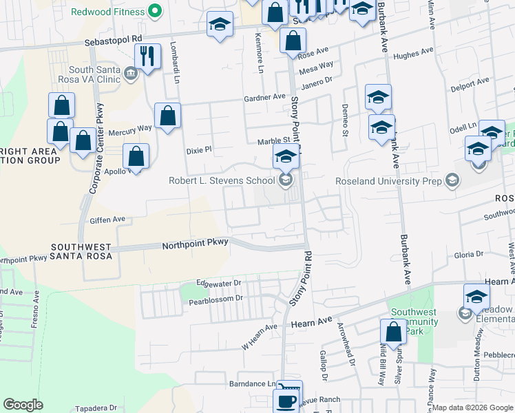 map of restaurants, bars, coffee shops, grocery stores, and more near 2495 Giffen Avenue in Santa Rosa