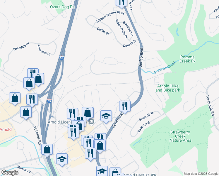 map of restaurants, bars, coffee shops, grocery stores, and more near 1586 Laverne Drive in Arnold