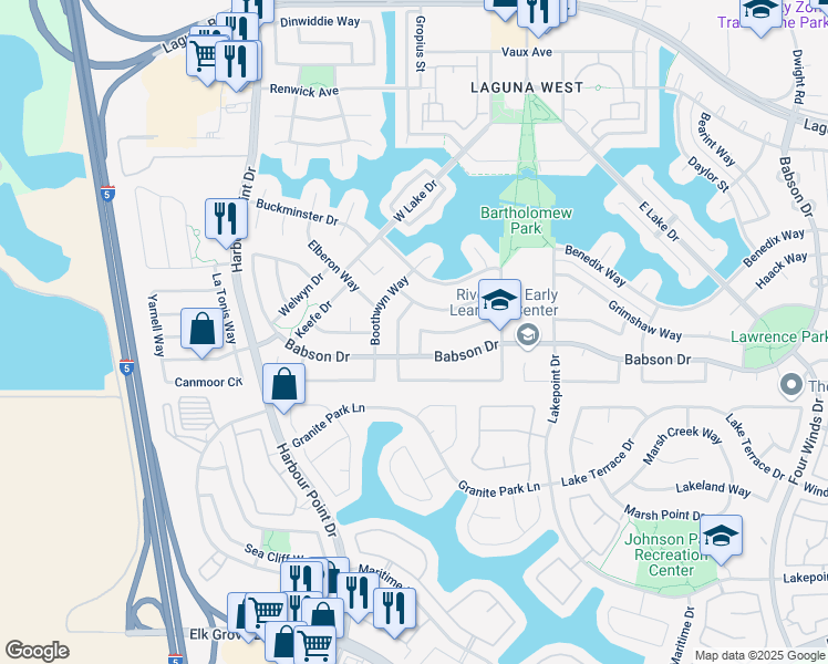 map of restaurants, bars, coffee shops, grocery stores, and more near 2733 Atterbury Way in Elk Grove