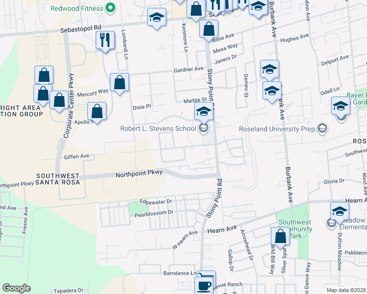 map of restaurants, bars, coffee shops, grocery stores, and more near 2345 Giffen Avenue in Santa Rosa