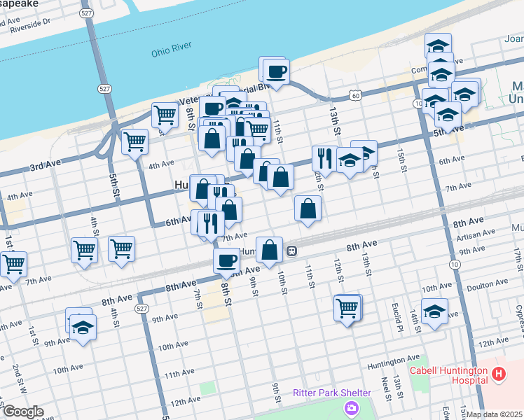 map of restaurants, bars, coffee shops, grocery stores, and more near 949 6th Avenue in Huntington