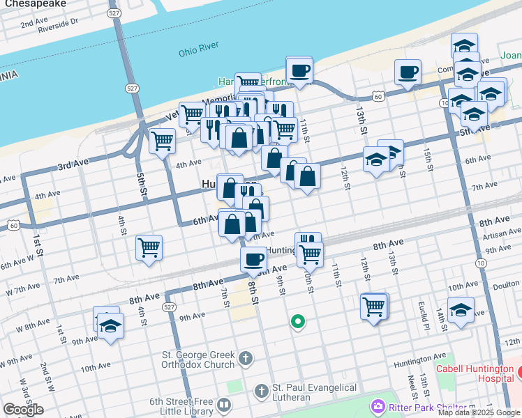 map of restaurants, bars, coffee shops, grocery stores, and more near 601 9th Street in Huntington