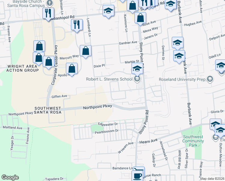 map of restaurants, bars, coffee shops, grocery stores, and more near 2586 Buss Drive in Santa Rosa