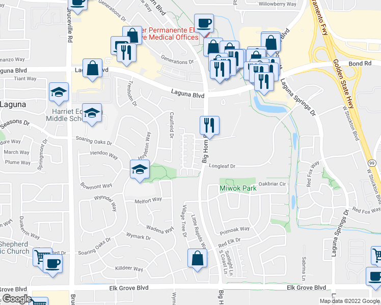 map of restaurants, bars, coffee shops, grocery stores, and more near 8480 Crystal Walk Circle in Elk Grove