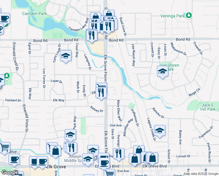 map of restaurants, bars, coffee shops, grocery stores, and more near 8904 Rancho Grande Court in Elk Grove