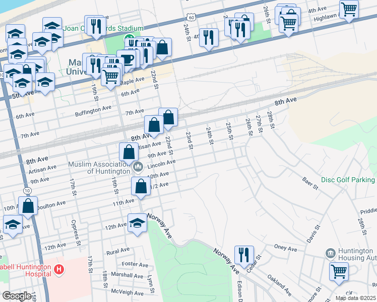 map of restaurants, bars, coffee shops, grocery stores, and more near 905 23rd St in Huntington