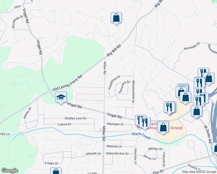 map of restaurants, bars, coffee shops, grocery stores, and more near 3169 Pinebrook Drive in Arnold