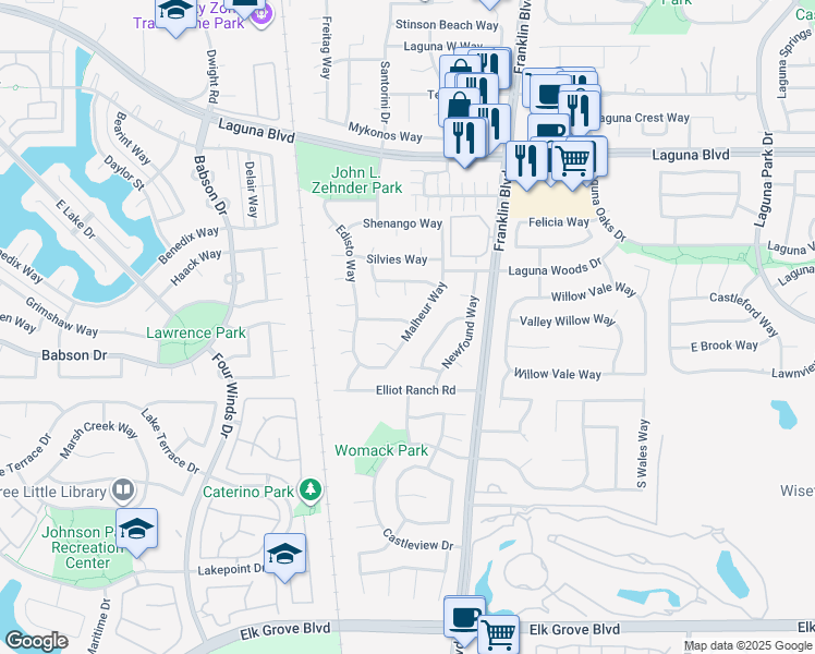 map of restaurants, bars, coffee shops, grocery stores, and more near 4524 Bantam Way in Elk Grove