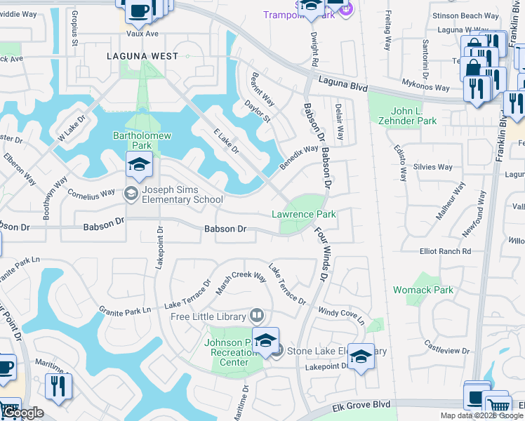 map of restaurants, bars, coffee shops, grocery stores, and more near 3609 Grimshaw Way in Elk Grove