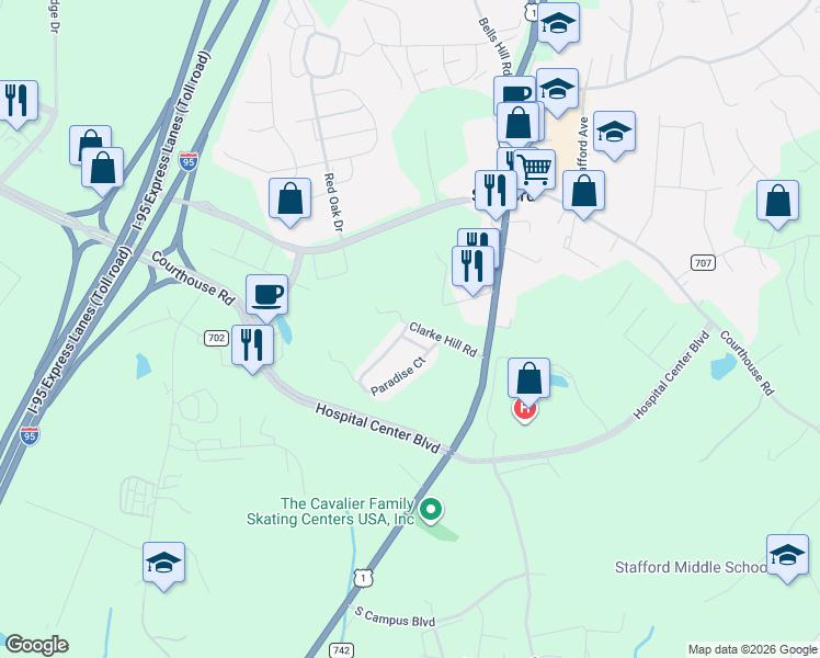 map of restaurants, bars, coffee shops, grocery stores, and more near 15 Paradise Court in Stafford