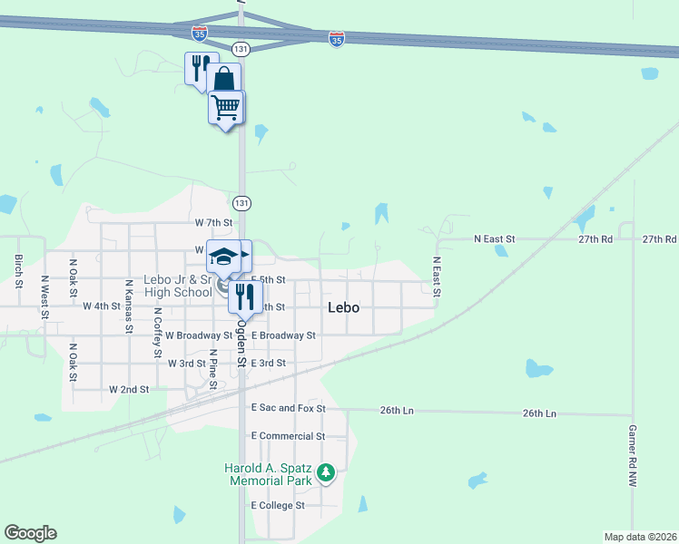 map of restaurants, bars, coffee shops, grocery stores, and more near North Poplar Street in Lebo