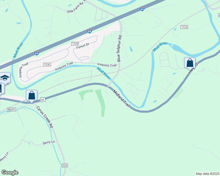 map of restaurants, bars, coffee shops, grocery stores, and more near 3421 U.S. 60 in Ona