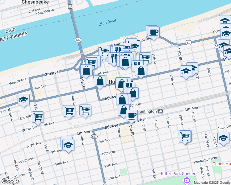 map of restaurants, bars, coffee shops, grocery stores, and more near 718 6th Avenue in Huntington