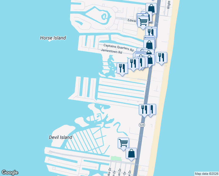 map of restaurants, bars, coffee shops, grocery stores, and more near 152 Old Wharf Road in Ocean City