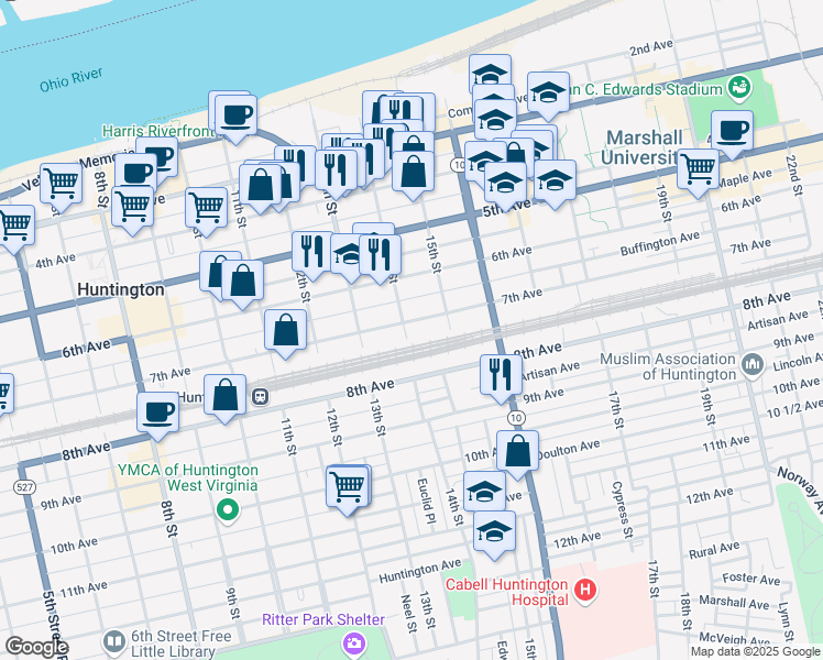 map of restaurants, bars, coffee shops, grocery stores, and more near 1401 7th Avenue in Huntington