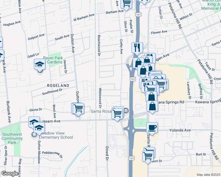 map of restaurants, bars, coffee shops, grocery stores, and more near 545 Smokewood Drive in Santa Rosa