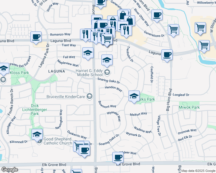 map of restaurants, bars, coffee shops, grocery stores, and more near 9355 Carrcroft Drive in Elk Grove