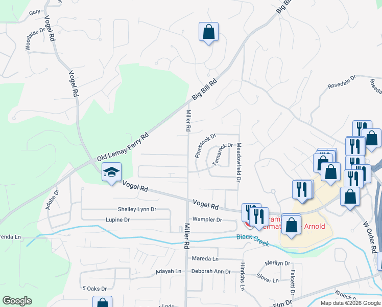 map of restaurants, bars, coffee shops, grocery stores, and more near 3169 Pinebrook Drive in Arnold