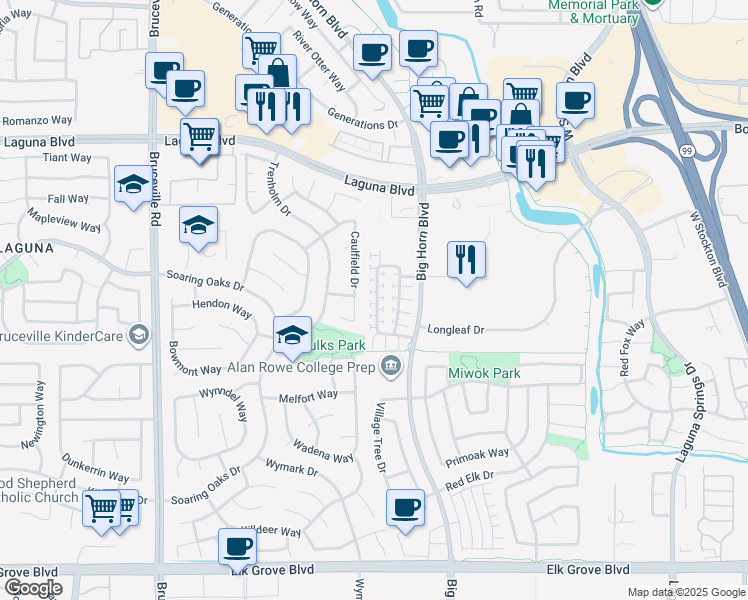 map of restaurants, bars, coffee shops, grocery stores, and more near 8236 Crystal Walk Circle in Elk Grove