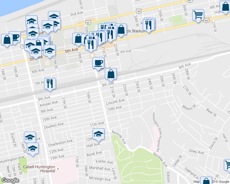 map of restaurants, bars, coffee shops, grocery stores, and more near 830 21st Street in Huntington
