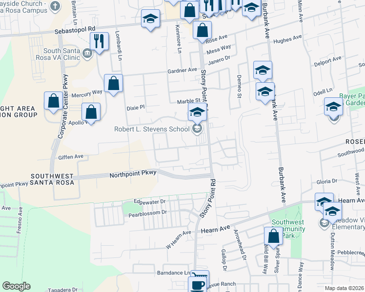 map of restaurants, bars, coffee shops, grocery stores, and more near 2345 Giffen Avenue in Santa Rosa