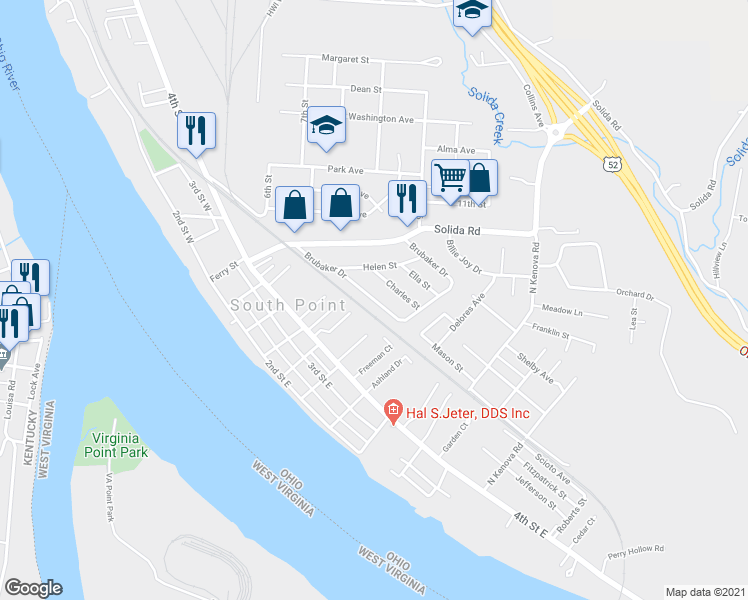 map of restaurants, bars, coffee shops, grocery stores, and more near 304 Brubaker Drive in South Point