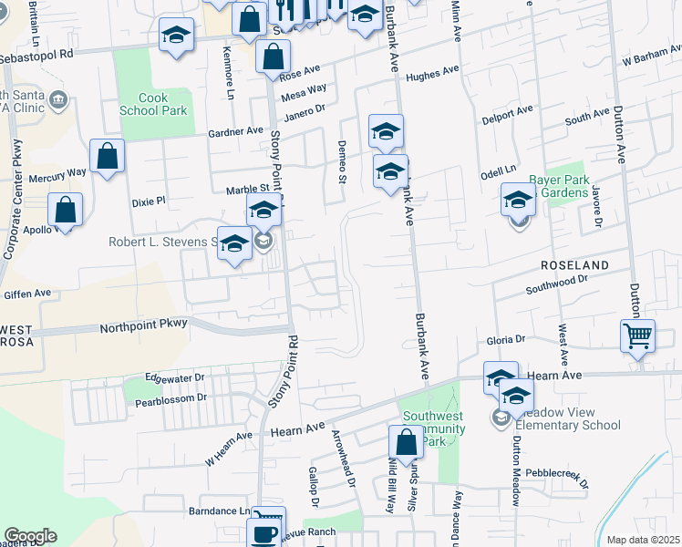 map of restaurants, bars, coffee shops, grocery stores, and more near 1310 Trombetta Street in Santa Rosa