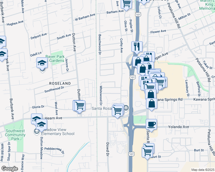 map of restaurants, bars, coffee shops, grocery stores, and more near 545 Smokewood Drive in Santa Rosa