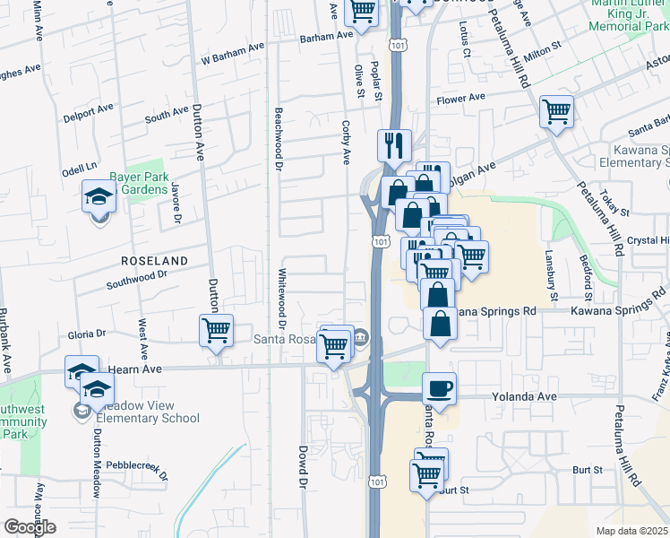 map of restaurants, bars, coffee shops, grocery stores, and more near 357 Smokewood Drive in Santa Rosa