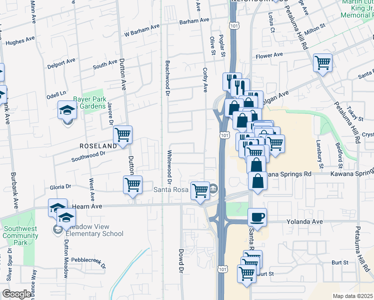 map of restaurants, bars, coffee shops, grocery stores, and more near 545 Smokewood Drive in Santa Rosa