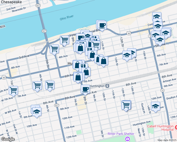 map of restaurants, bars, coffee shops, grocery stores, and more near 601 9th Street in Huntington