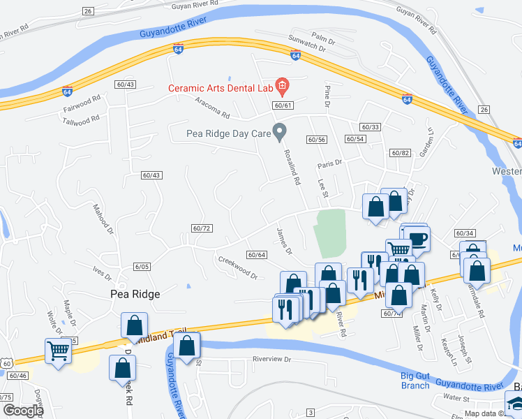 map of restaurants, bars, coffee shops, grocery stores, and more near 6116 East Pea Ridge Road in Huntington