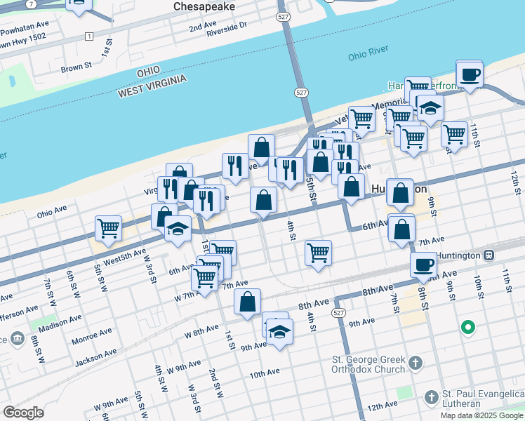 map of restaurants, bars, coffee shops, grocery stores, and more near 300 5th Avenue in Huntington