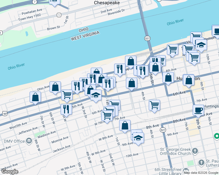 map of restaurants, bars, coffee shops, grocery stores, and more near 111 4th Avenue in Huntington