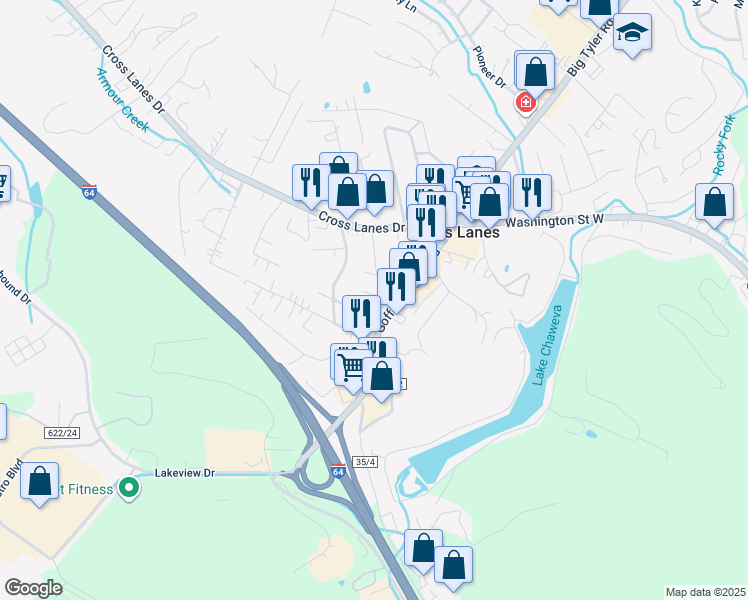 map of restaurants, bars, coffee shops, grocery stores, and more near 130 Goff Mountain Road in Charleston