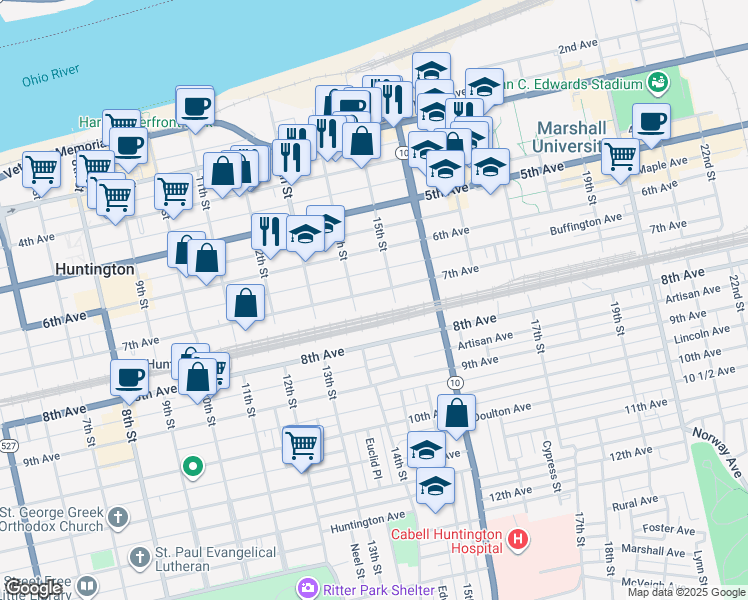 map of restaurants, bars, coffee shops, grocery stores, and more near 1439 7th Avenue in Huntington