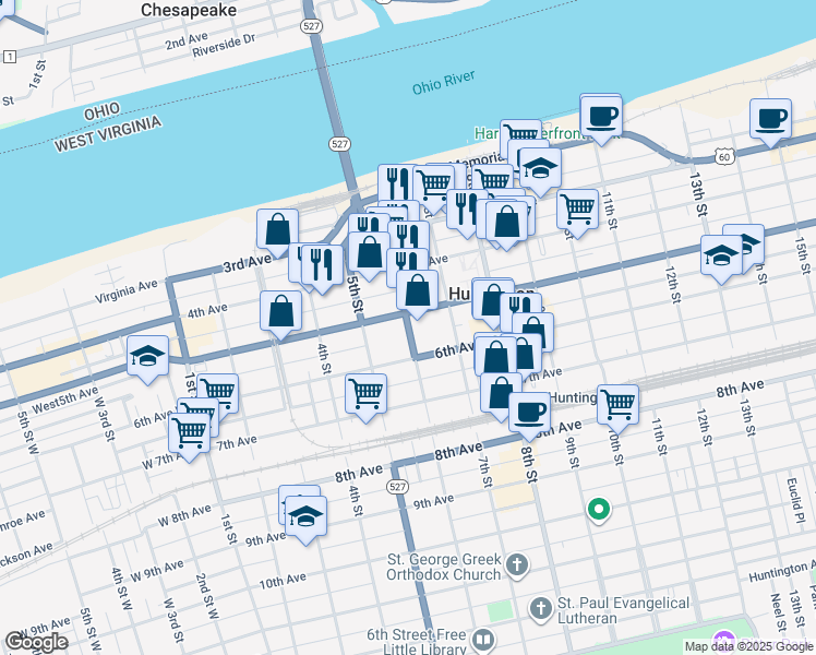 map of restaurants, bars, coffee shops, grocery stores, and more near 555 5th Avenue in Huntington