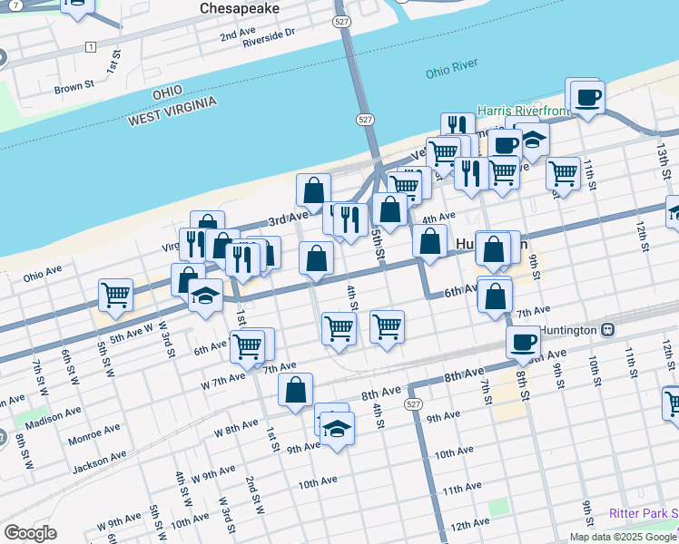 map of restaurants, bars, coffee shops, grocery stores, and more near 400 5th Avenue in Huntington