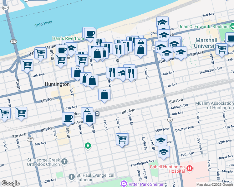 map of restaurants, bars, coffee shops, grocery stores, and more near 1216 7th Avenue in Huntington