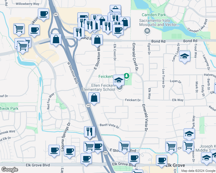map of restaurants, bars, coffee shops, grocery stores, and more near 9322 Feickert Drive in Elk Grove