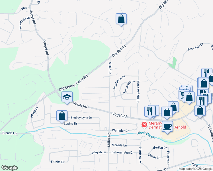 map of restaurants, bars, coffee shops, grocery stores, and more near 2913 Katie Court in Arnold