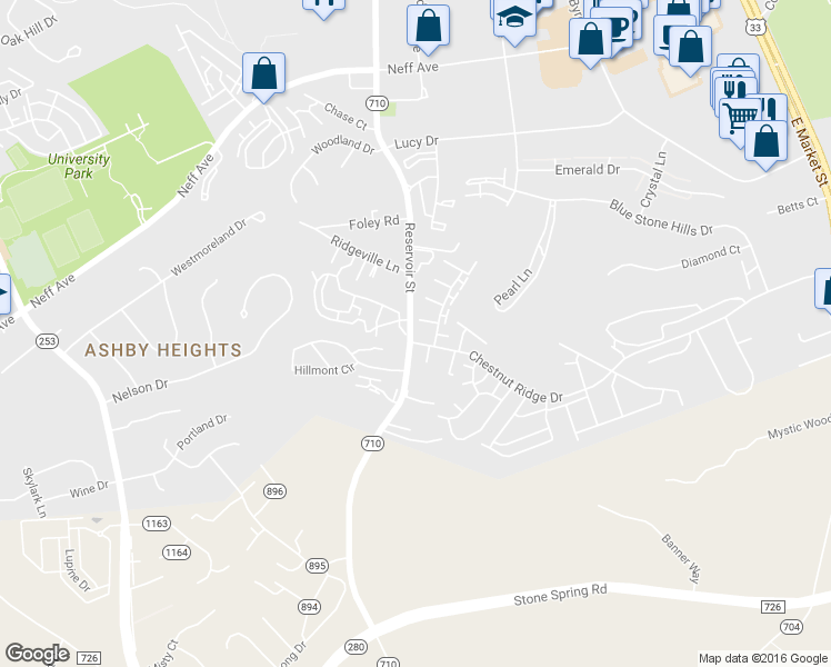 map of restaurants, bars, coffee shops, grocery stores, and more near 697 Stonewall Drive in Harrisonburg