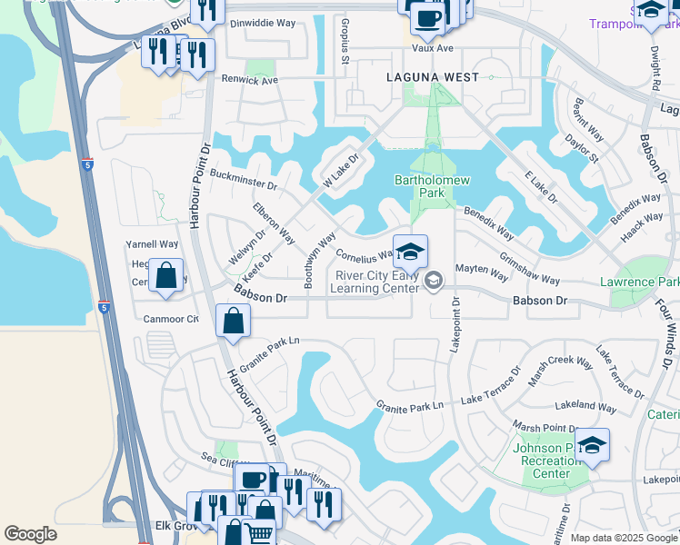 map of restaurants, bars, coffee shops, grocery stores, and more near 2733 Atterbury Way in Elk Grove